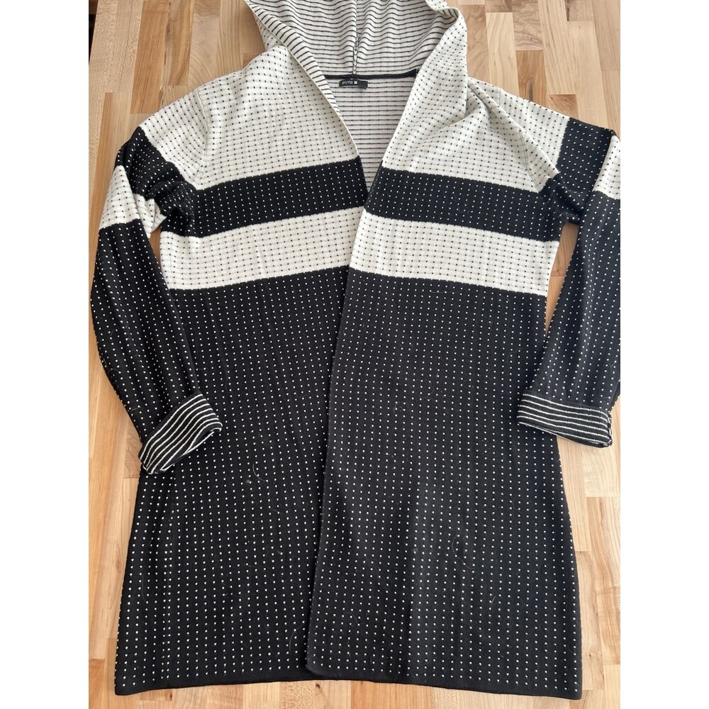 Bylyse Hooded Open Front Cardigan Cream & Black Striped Polka Dot Blouse XL - Picture 2 of 10